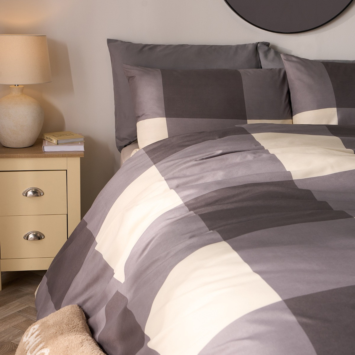 OHS Gingham Block Check Duvet Cover Set, Grey - Double >