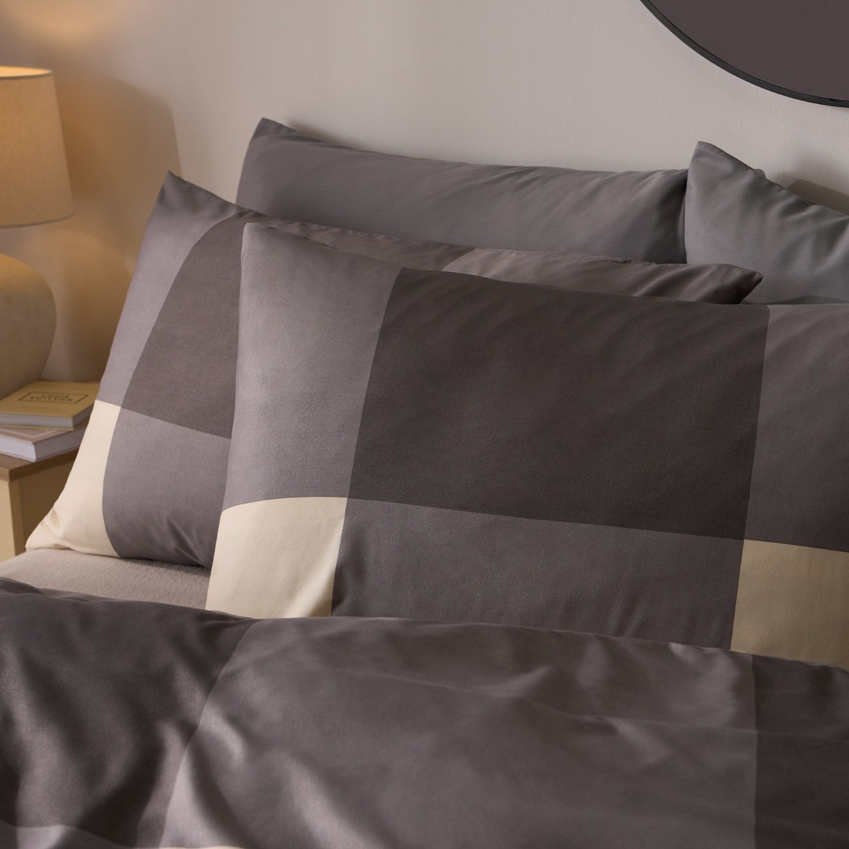 OHS Gingham Block Check Duvet Cover Set, Grey - Superking>