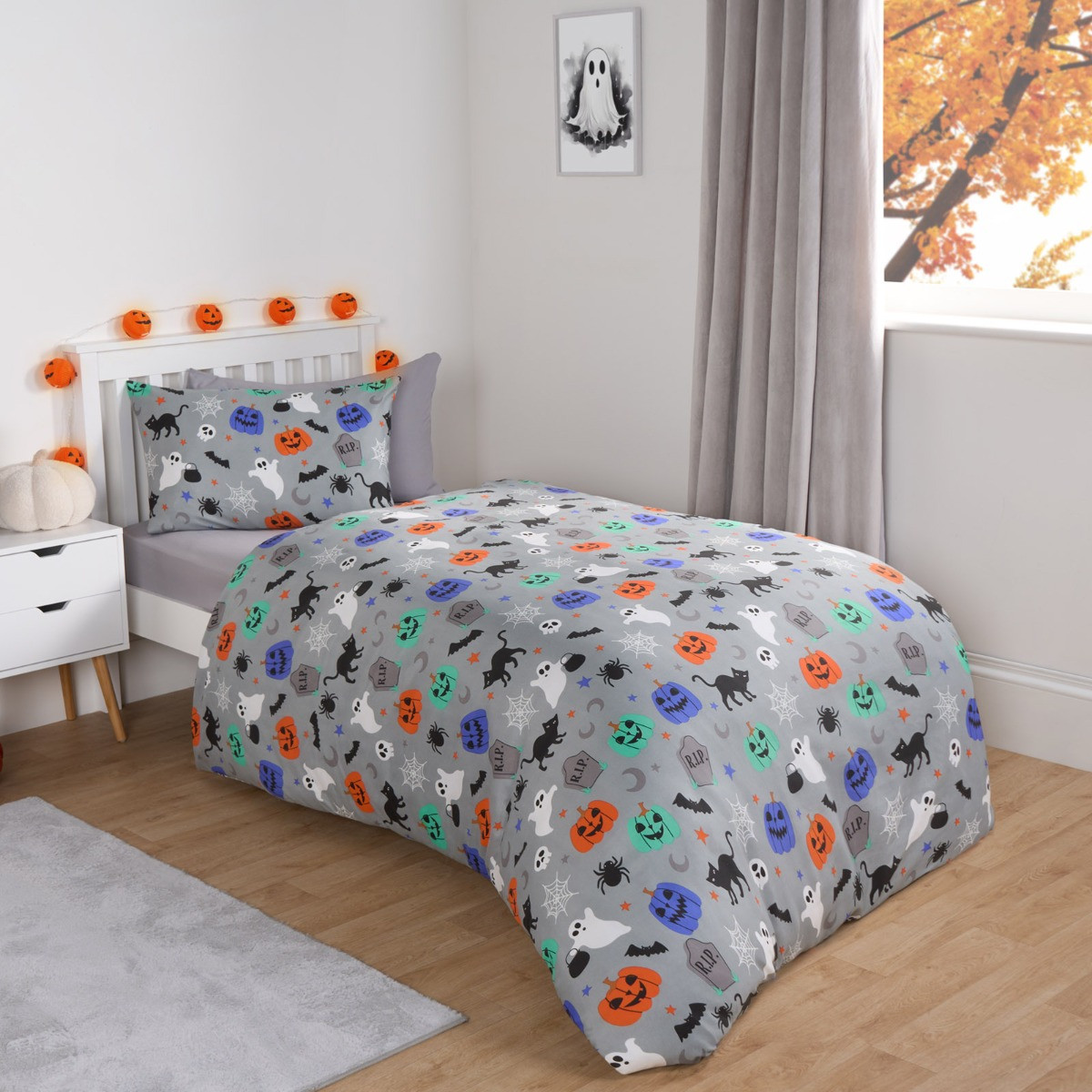OHS Halloween Duvet Cover Set, Grey - Double>