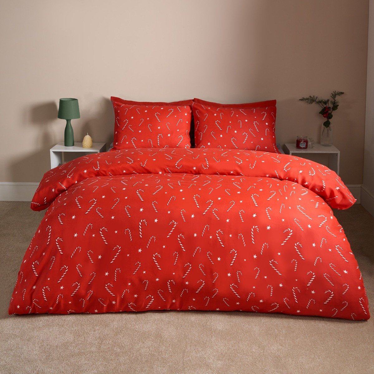 OHS Christmas Candy Cane Duvet Cover Set, Red - Single>