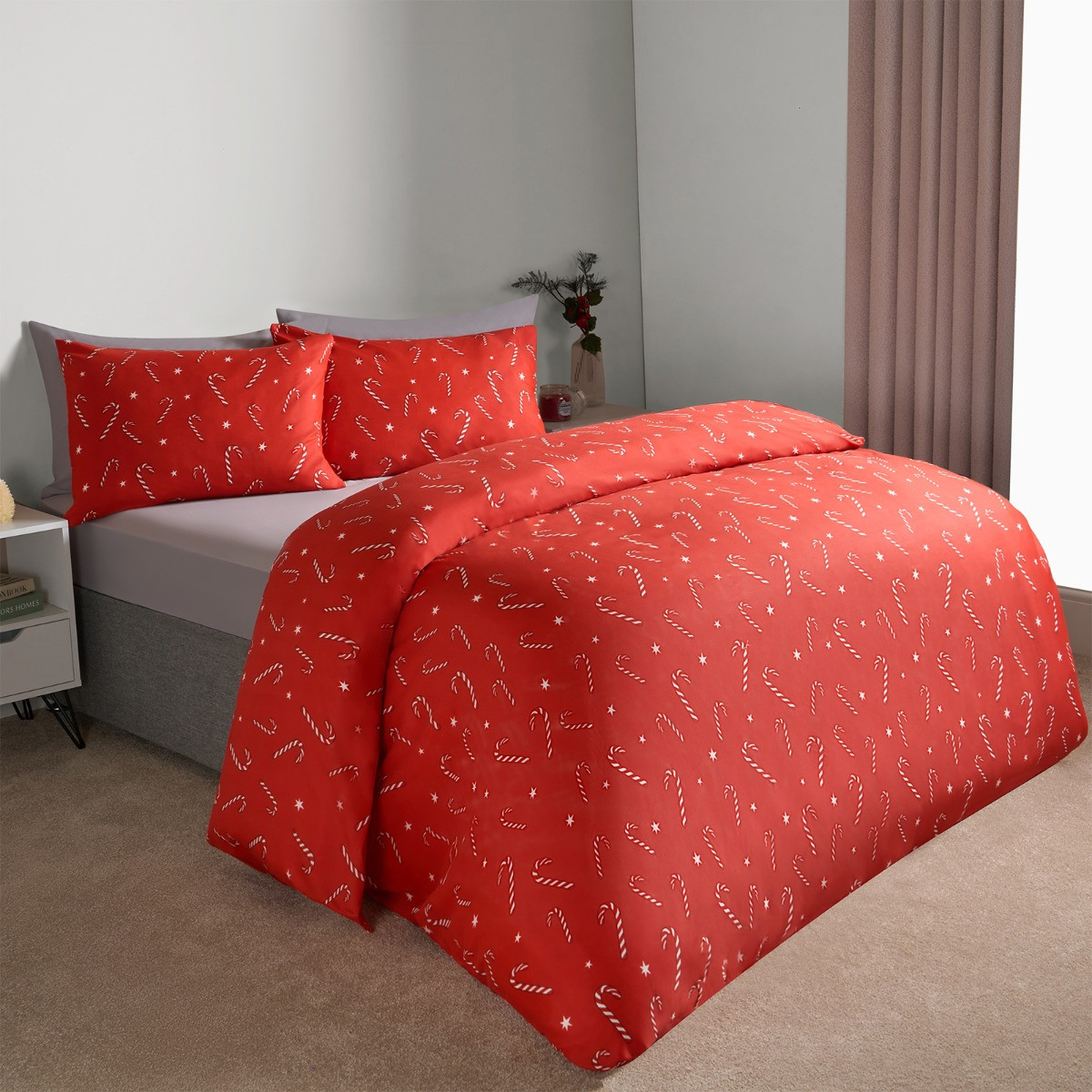 OHS Christmas Candy Cane Duvet Cover Set, Red - Single>