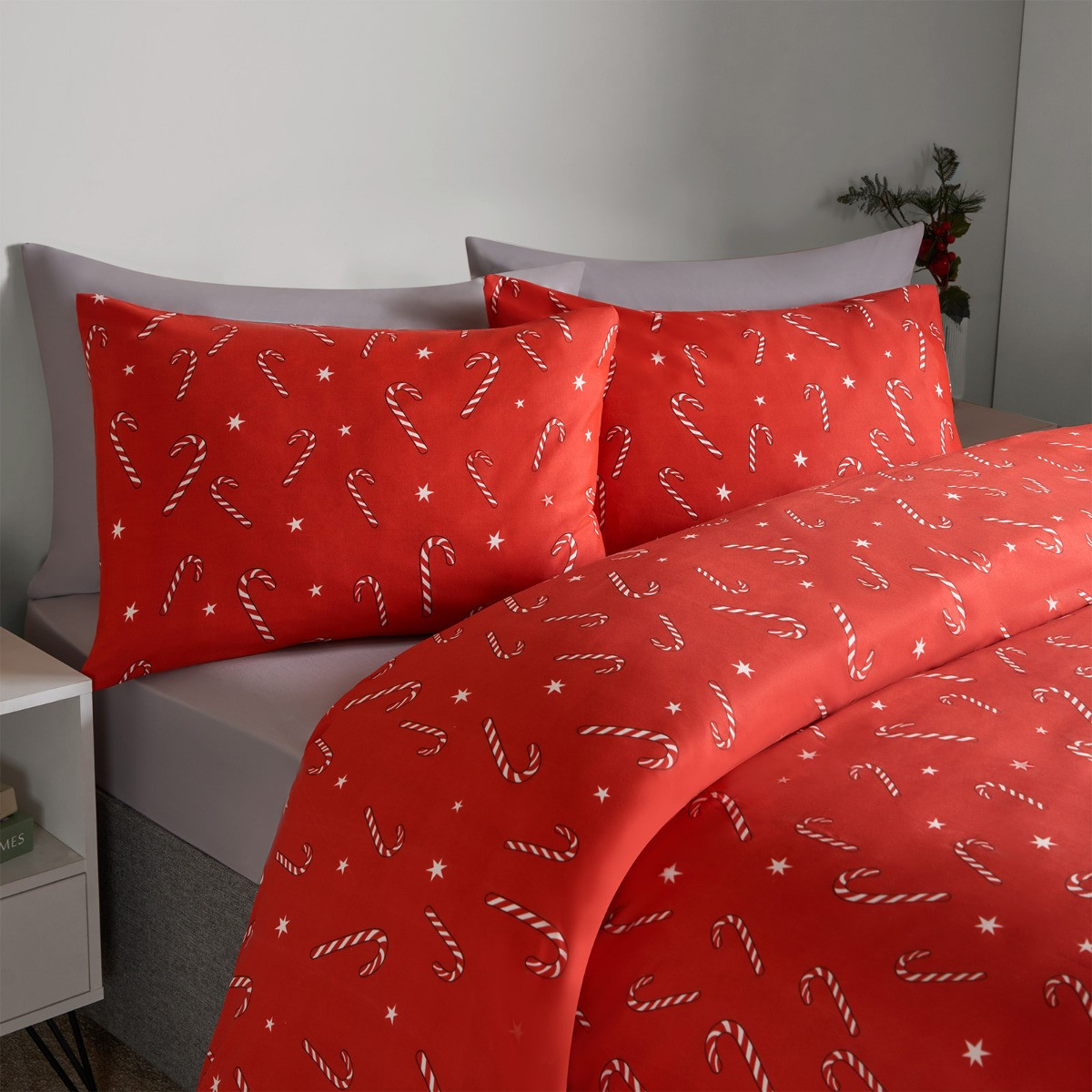 OHS Christmas Candy Cane Duvet Cover Set, Red - Single>