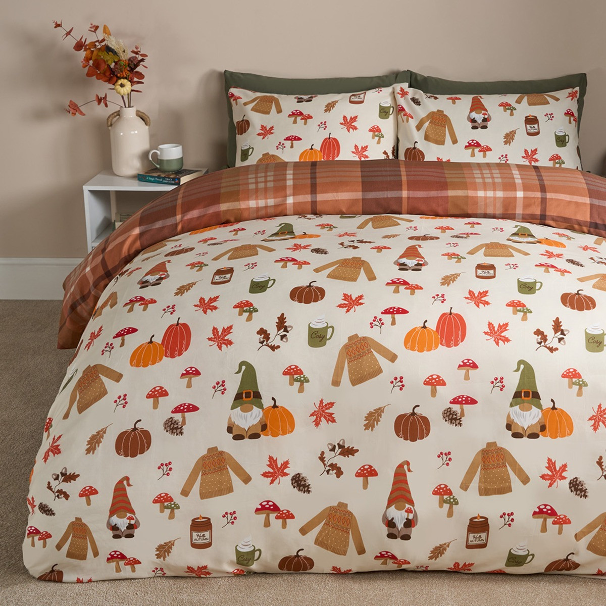 OHS Autumnal Novelty Checked Reversible Duvet Cover Set, Cream/Rust - King>