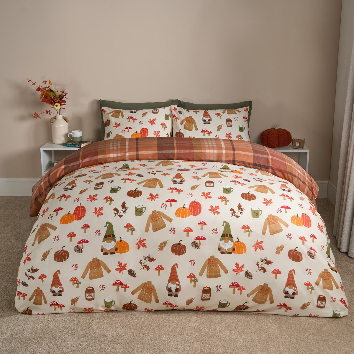 OHS Autumnal Novelty Checked Reversible Duvet Cover Set, Cream/Rust - King>