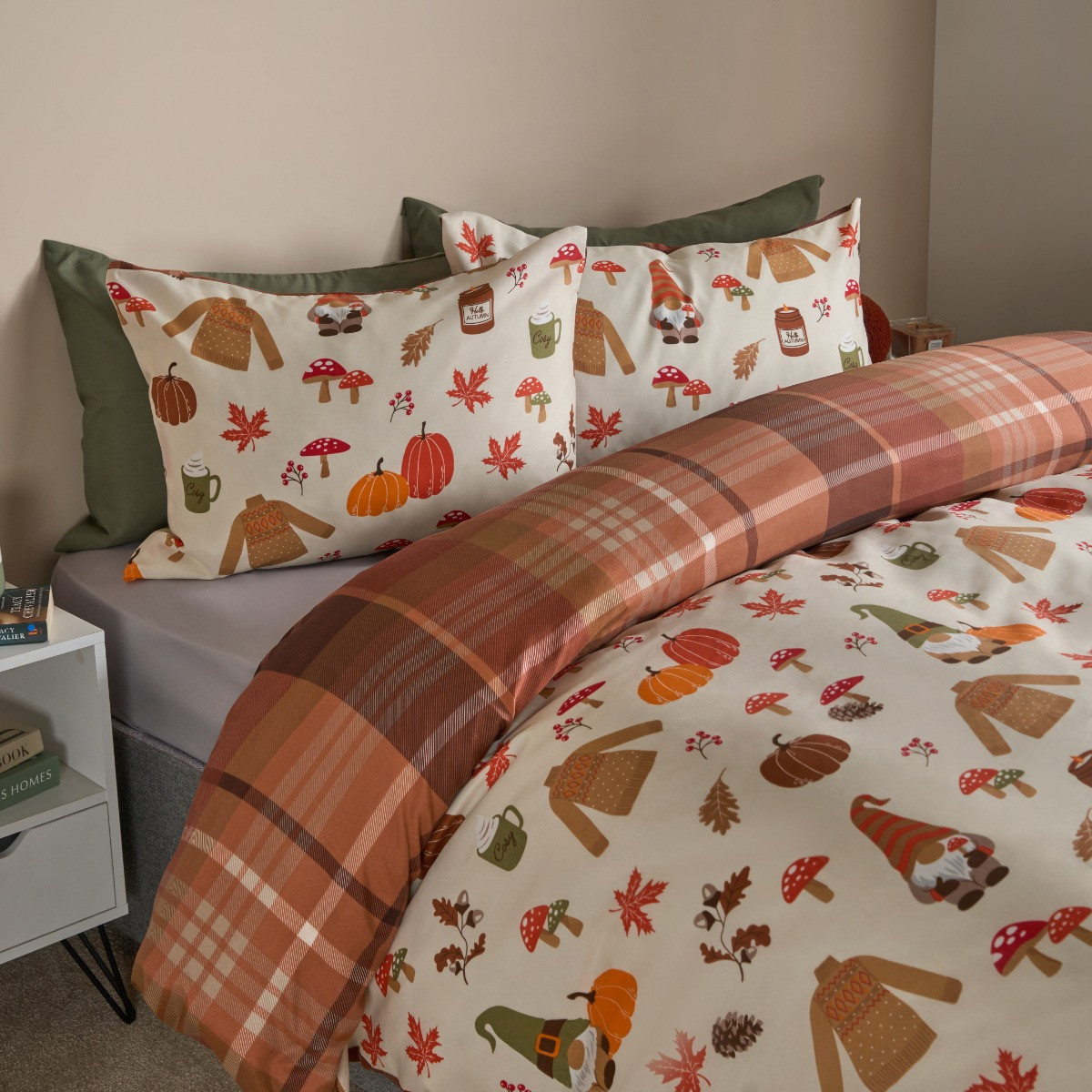 OHS Autumnal Novelty Checked Reversible Duvet Cover Set, Cream/Rust - King>