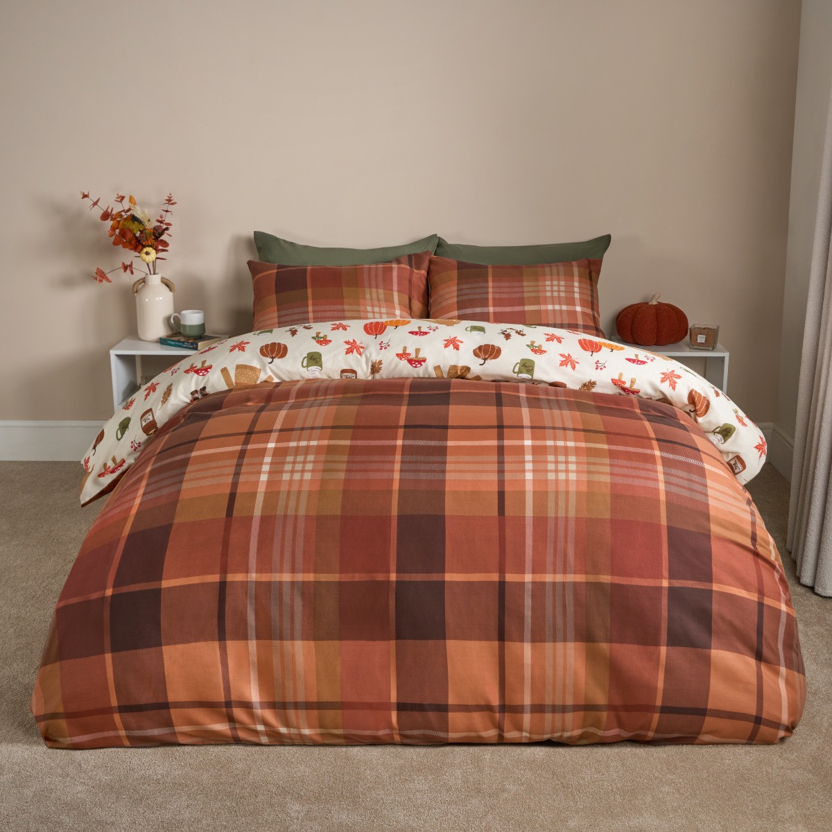 OHS Autumnal Novelty Checked Reversible Duvet Cover Set, Cream/Rust - King>