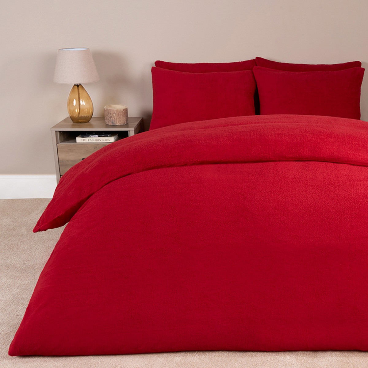OHS Teddy Fleece Duvet Set, Red - Double>