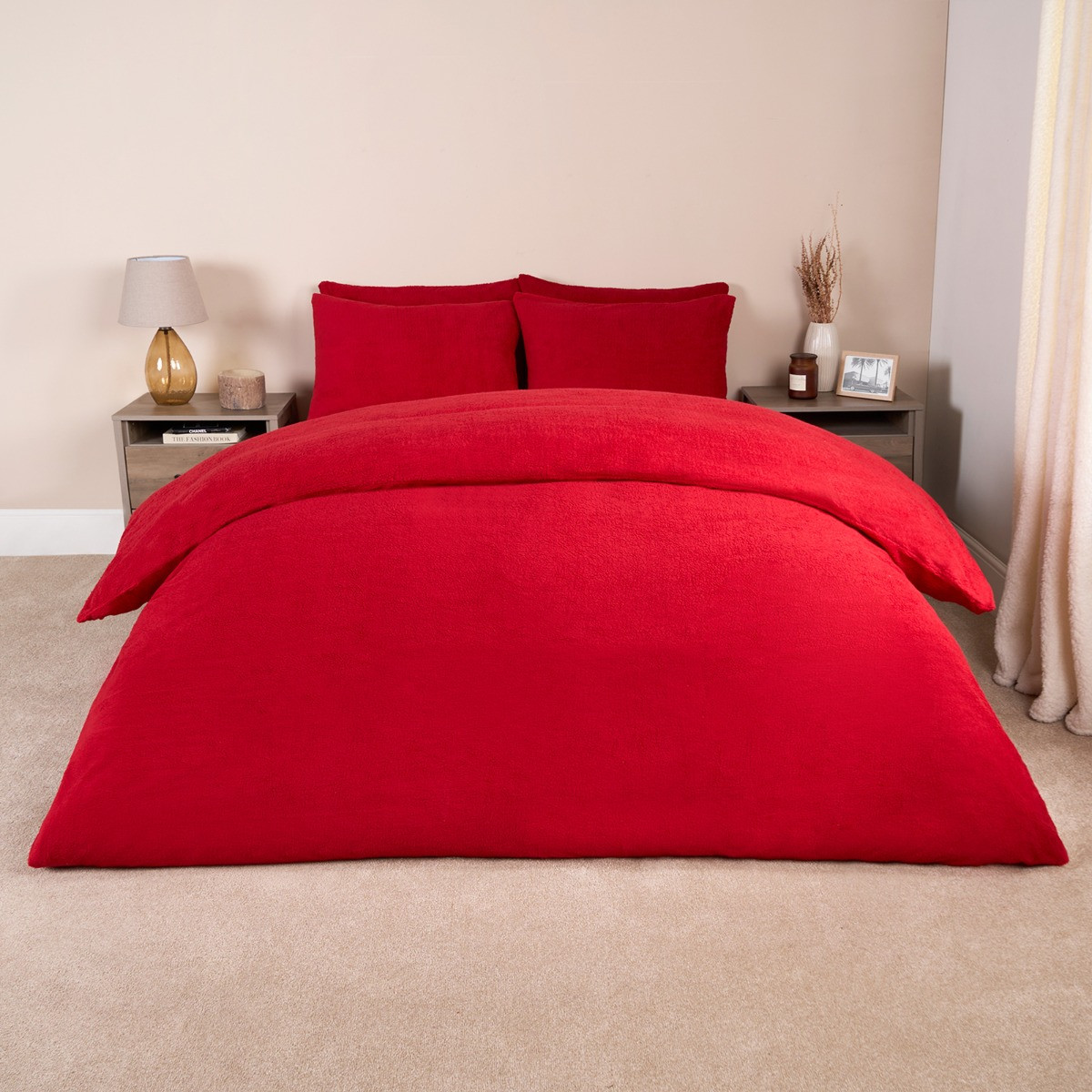 OHS Teddy Fleece Duvet Set, Red - Double>