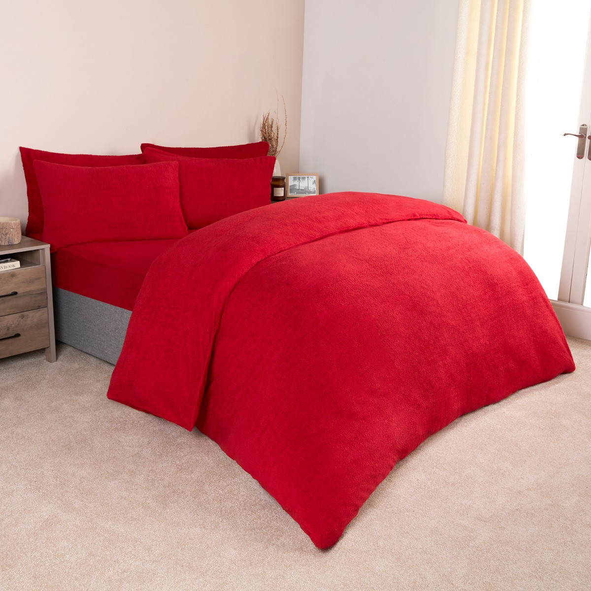 OHS Teddy Fleece Duvet Set, Red - Double>