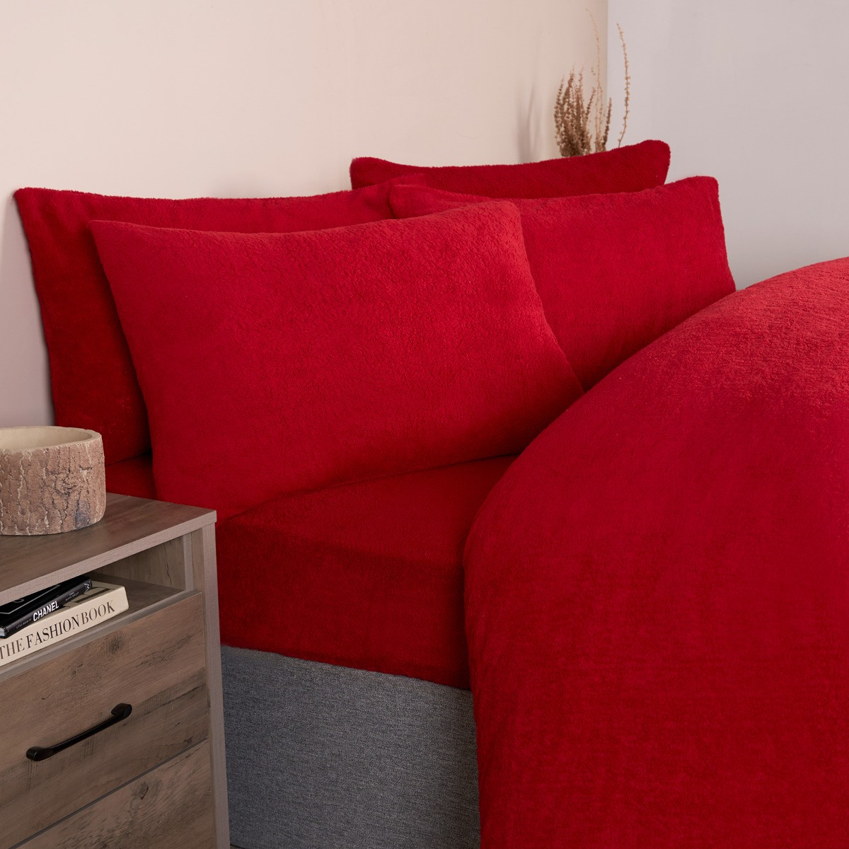 OHS Teddy Fleece Duvet Set, Red - Double>