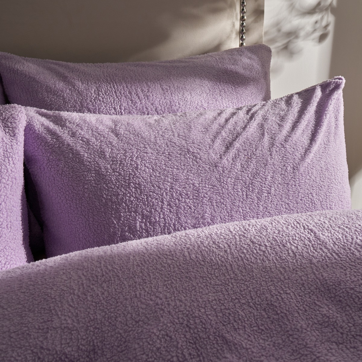 OHS Teddy Fleece Duvet Cover Set, Lilac - Double>