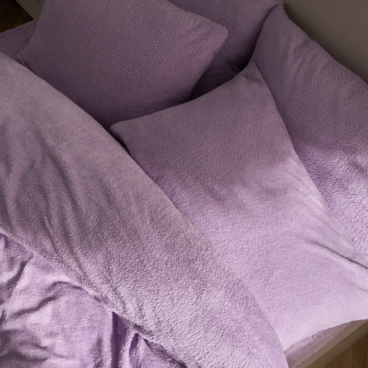 OHS Teddy Fleece Duvet Cover Set, Lilac - Double>