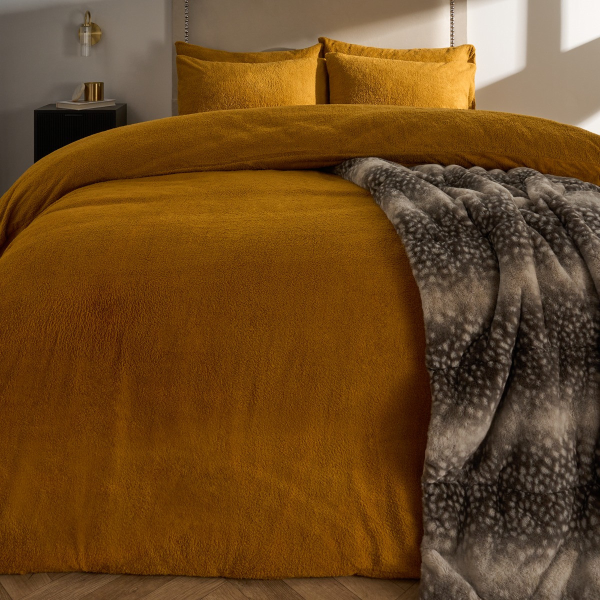 OHS Teddy Fleece Duvet Cover Set, Ochre - Superking>