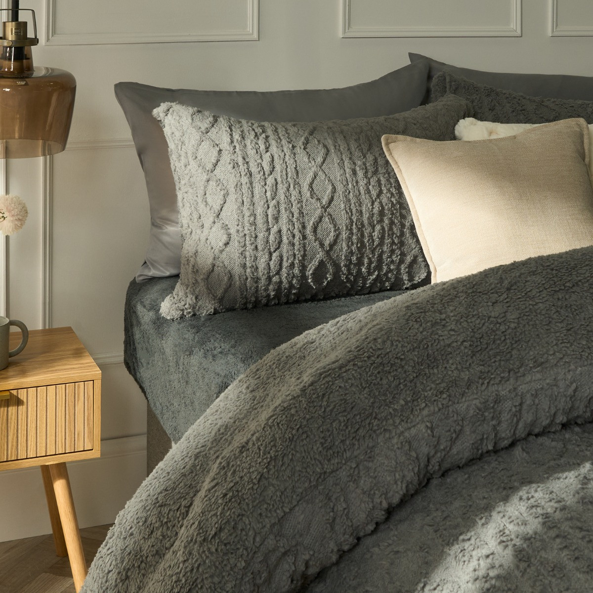 OHS Cable Knit Sherpa Fleece Duvet Cover Set, Grey - King >