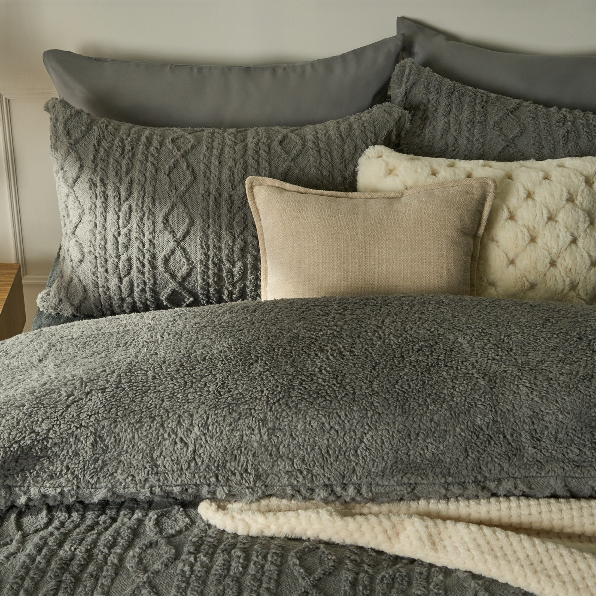 OHS Cable Knit Sherpa Fleece Duvet Cover Set - Grey>