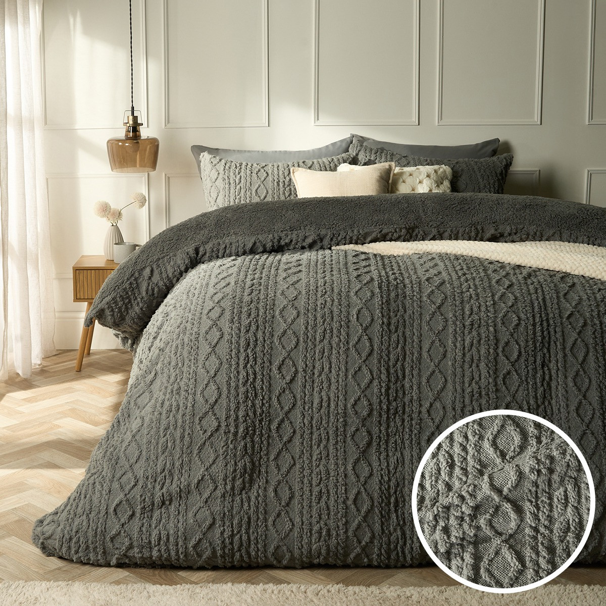 OHS Cable Knit Sherpa Fleece Duvet Cover Set - Grey>