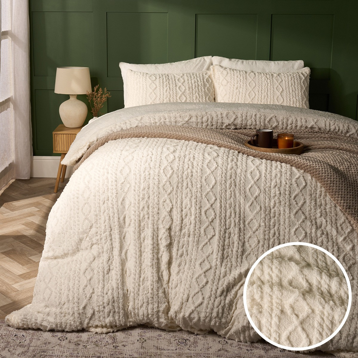 OHS Cable Knit Sherpa Fleece Duvet Cover Set - Cream>