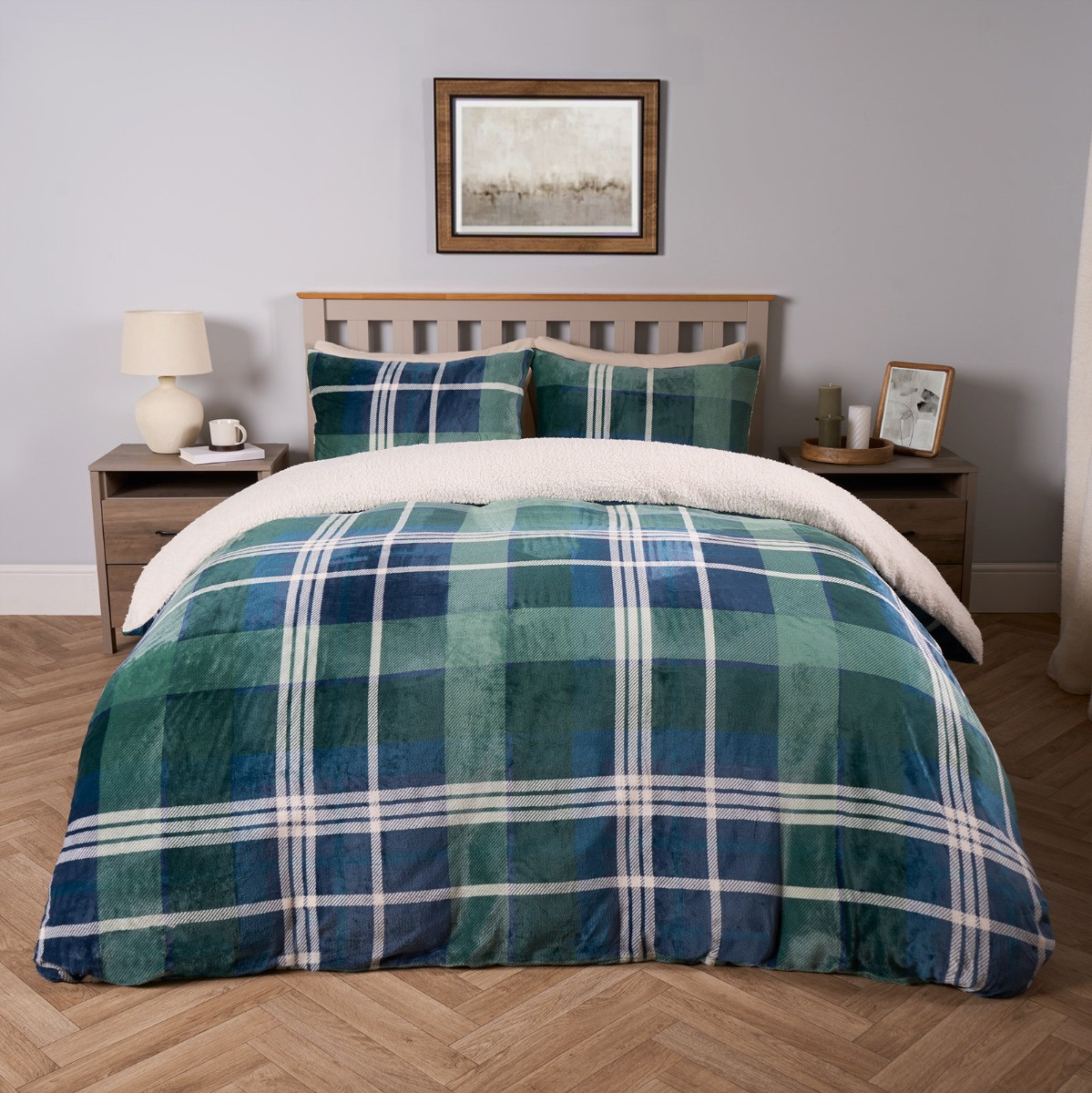 OHS Hudson Check Fleece Duvet Set - Navy/Green>