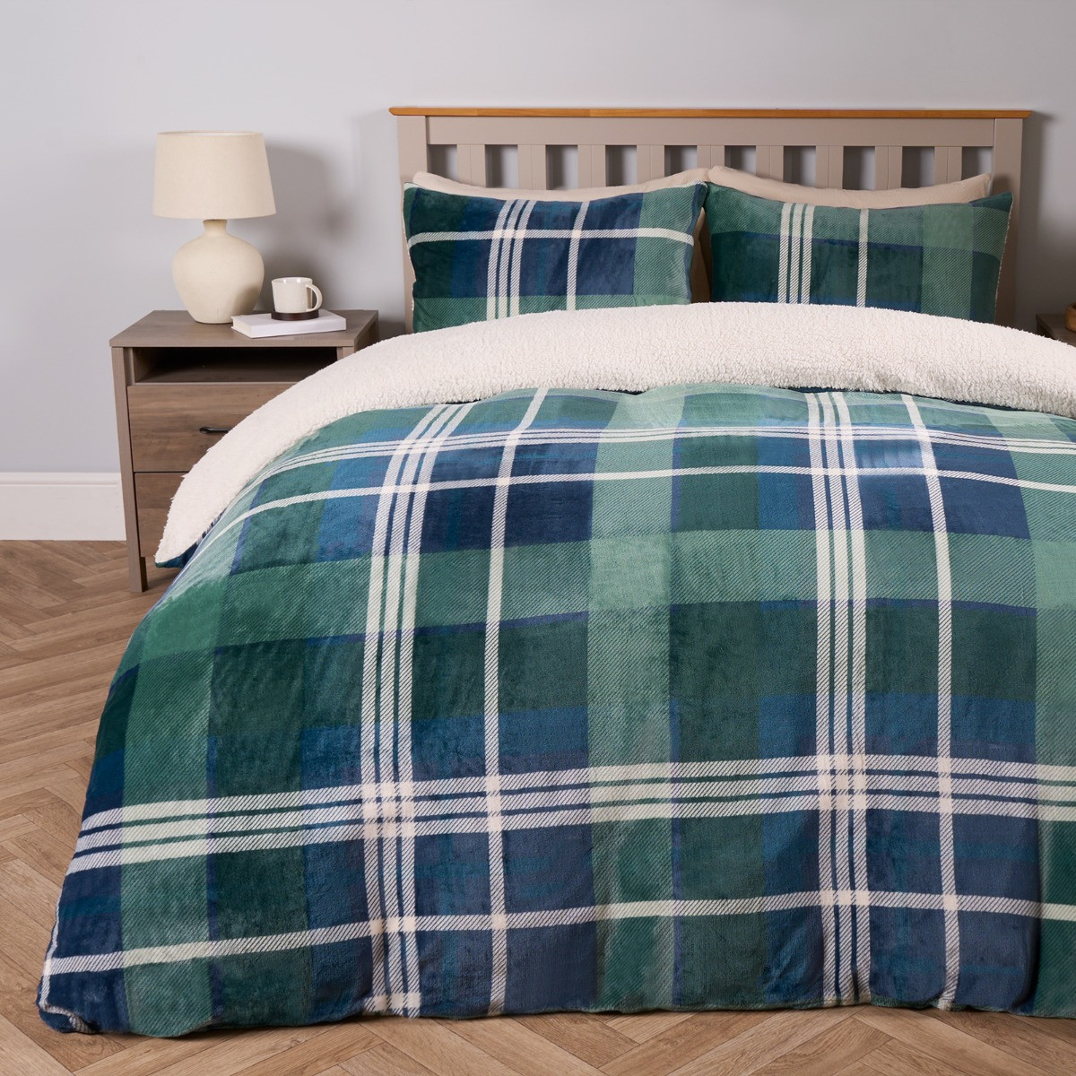 OHS Hudson Check Fleece Duvet Set - Navy/Green>