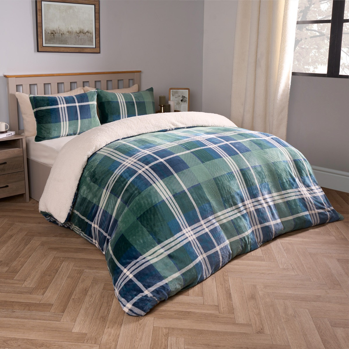 OHS Hudson Check Fleece Duvet Set - Navy/Green>