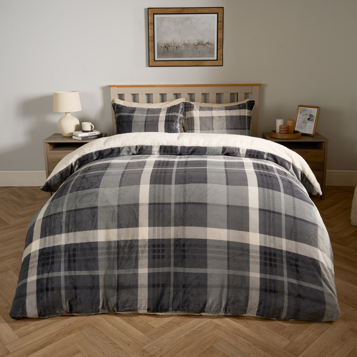 OHS Winsford Check Fleece Duvet Set - Grey>