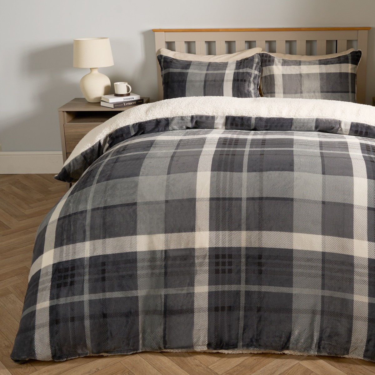 OHS Winsford Check Fleece Duvet Set, Grey - Superking >