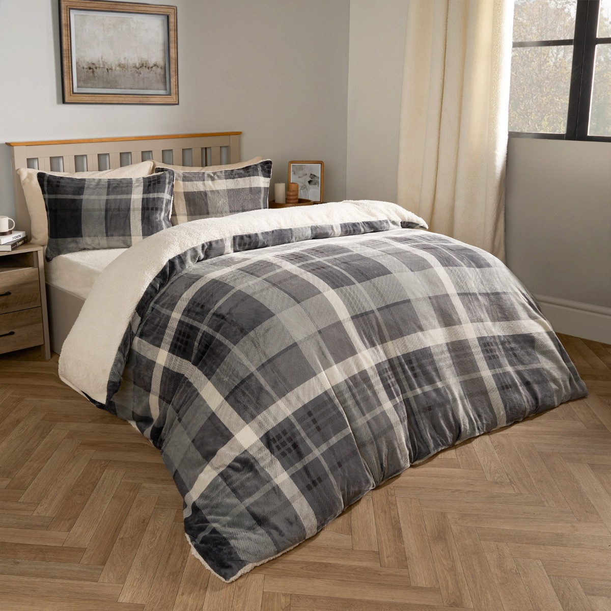 OHS Winsford Check Fleece Duvet Set - Grey>