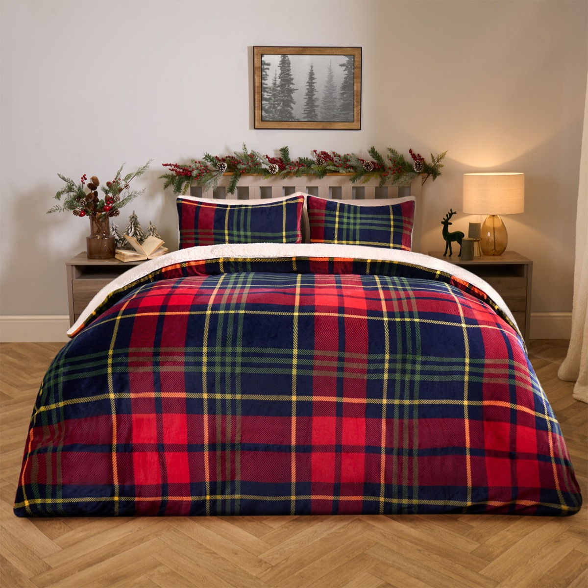 OHS Oxford Check Fleece Duvet Set, Red - King >