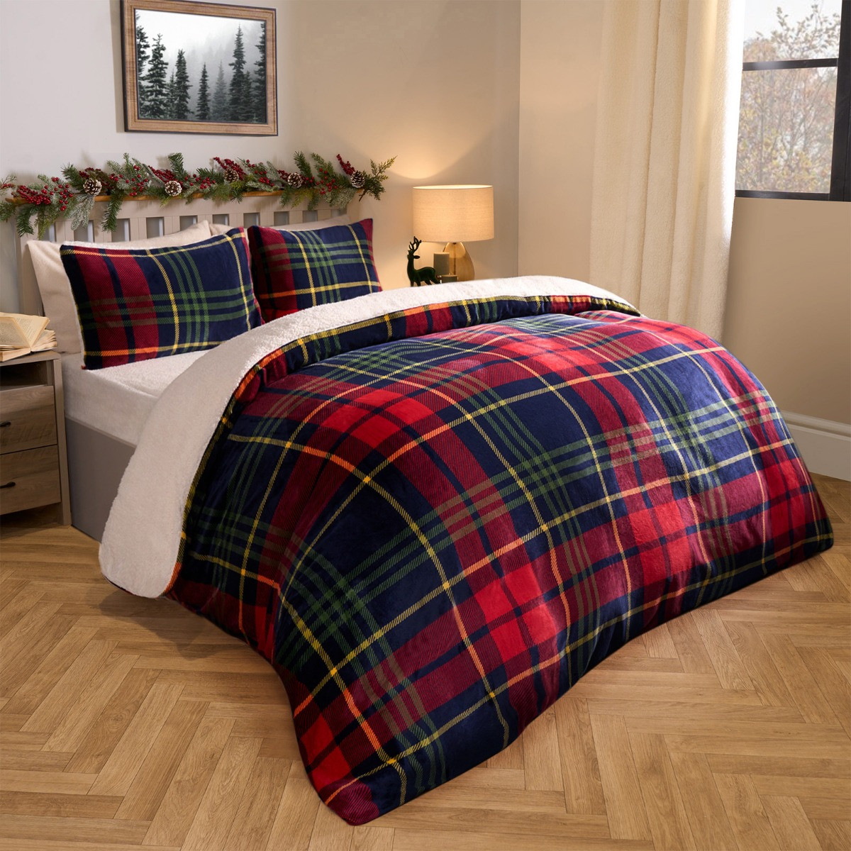 OHS Oxford Check Fleece Duvet Set, Red - King >