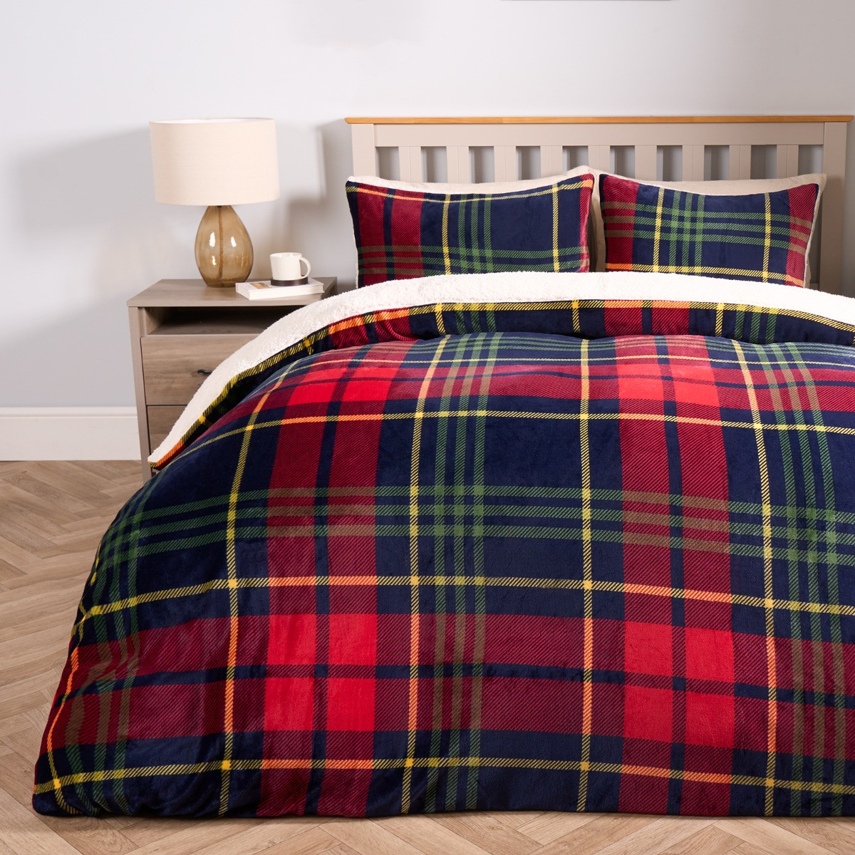 OHS Oxford Check Fleece Duvet Set, Red - King >