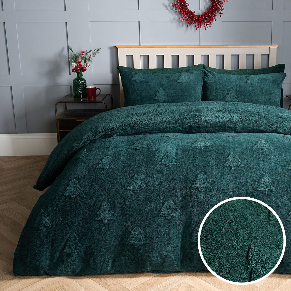 OHS Winter Tree Tufted Teddy Fleece Duvet Cover Set - Forest Green >