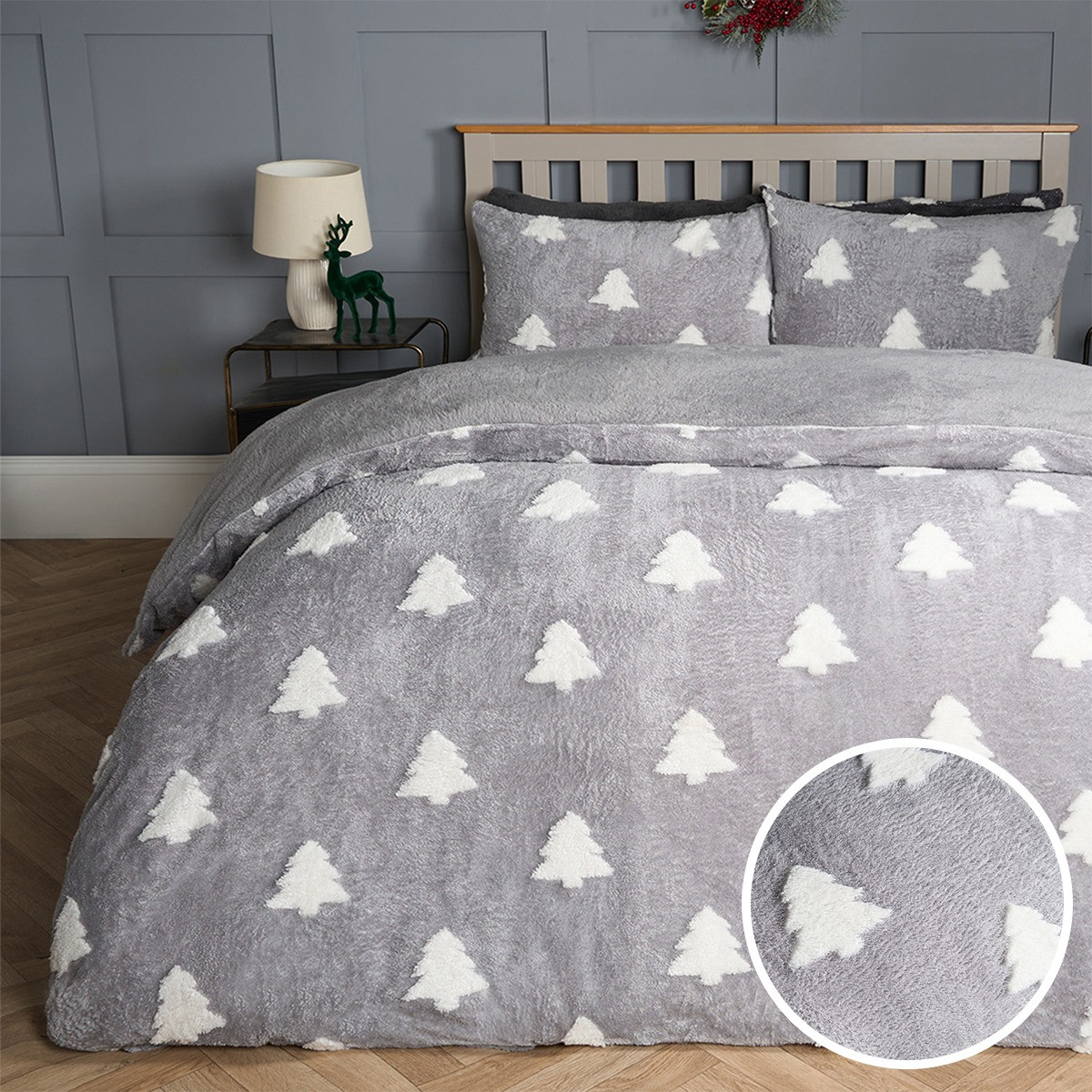 OHS Winter Tree Tufted Teddy Fleece Duvet Cover Set - Grey/White>