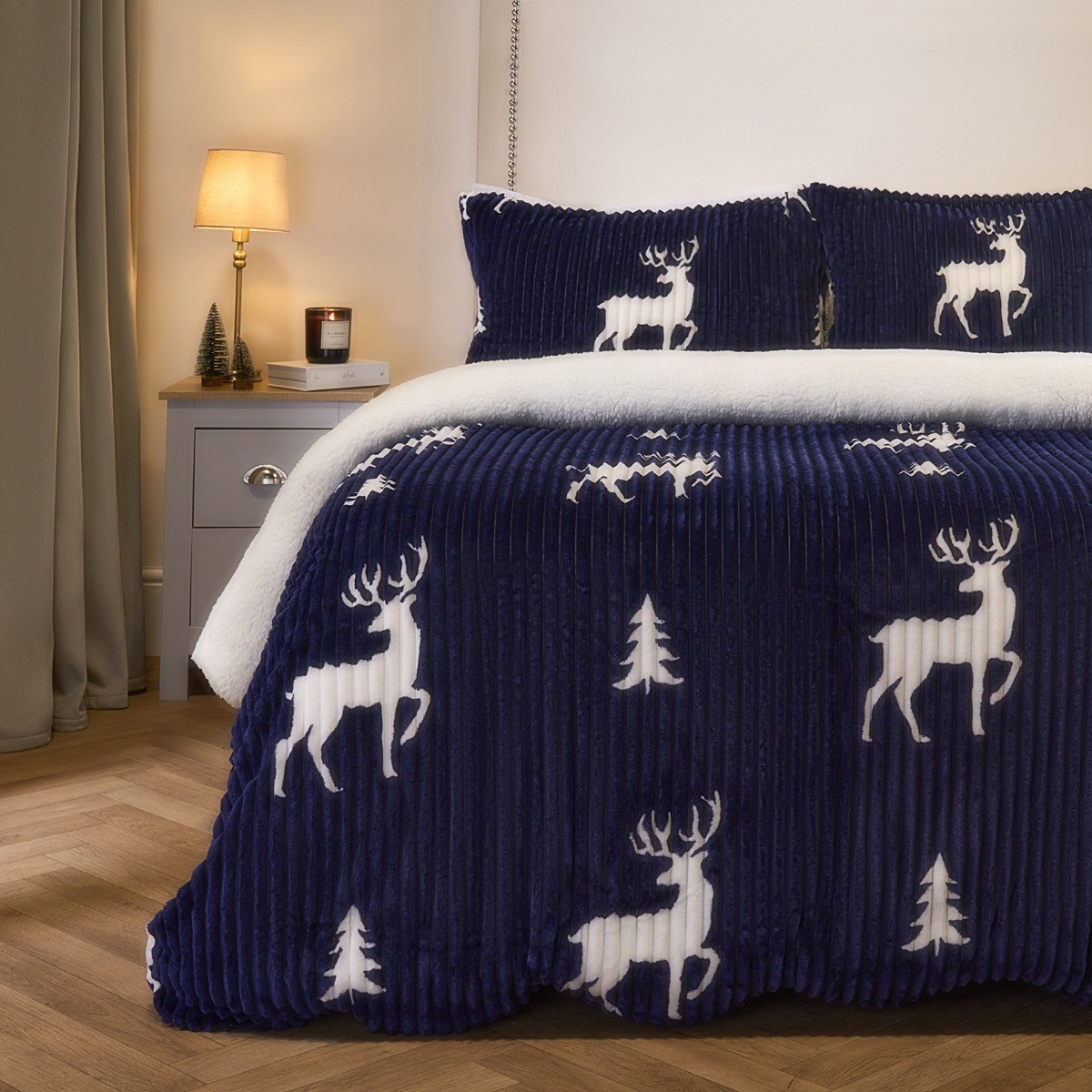 OHS Cosy Stag Ribbed Fleece Duvet Set, Navy - King >