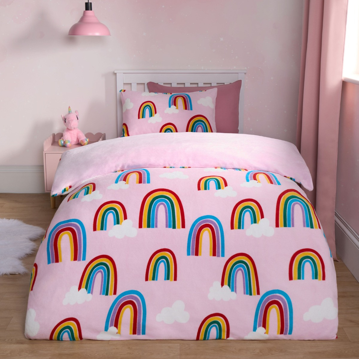 OHS Rainbow Print Fleece Duvet Set, Pink - Single >