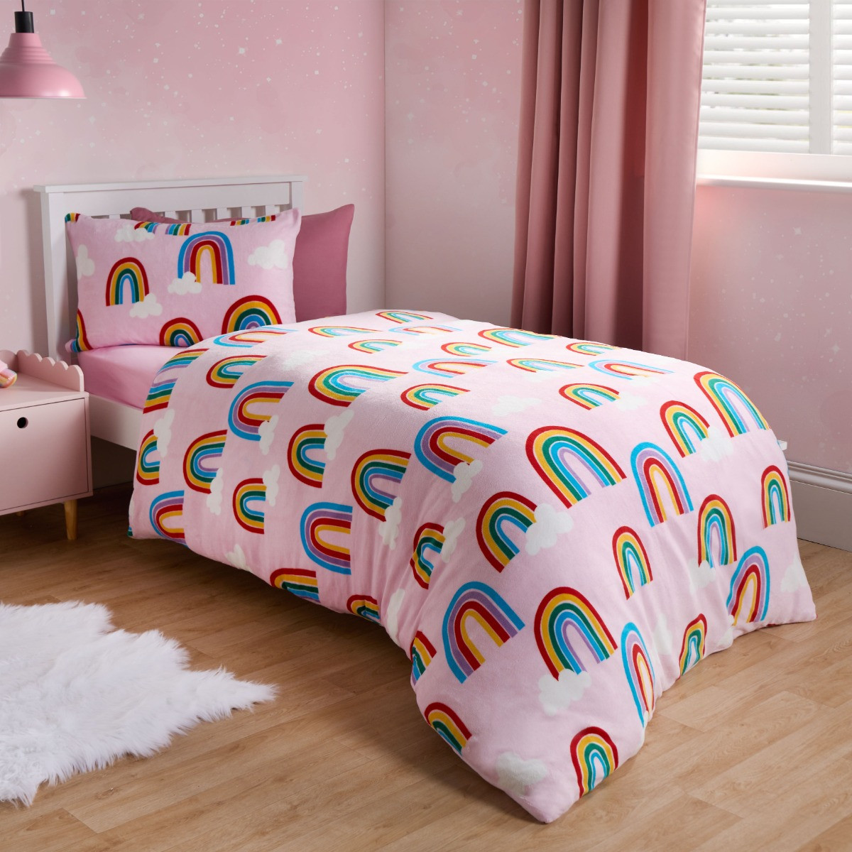 OHS Rainbow Print Fleece Duvet Set, Pink - Single >