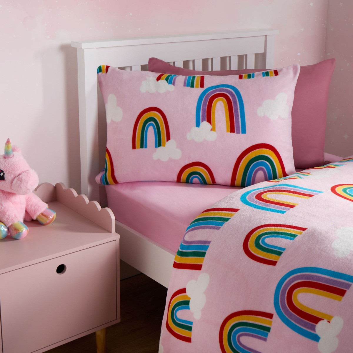 OHS Rainbow Print Fleece Duvet Set, Pink - Single >
