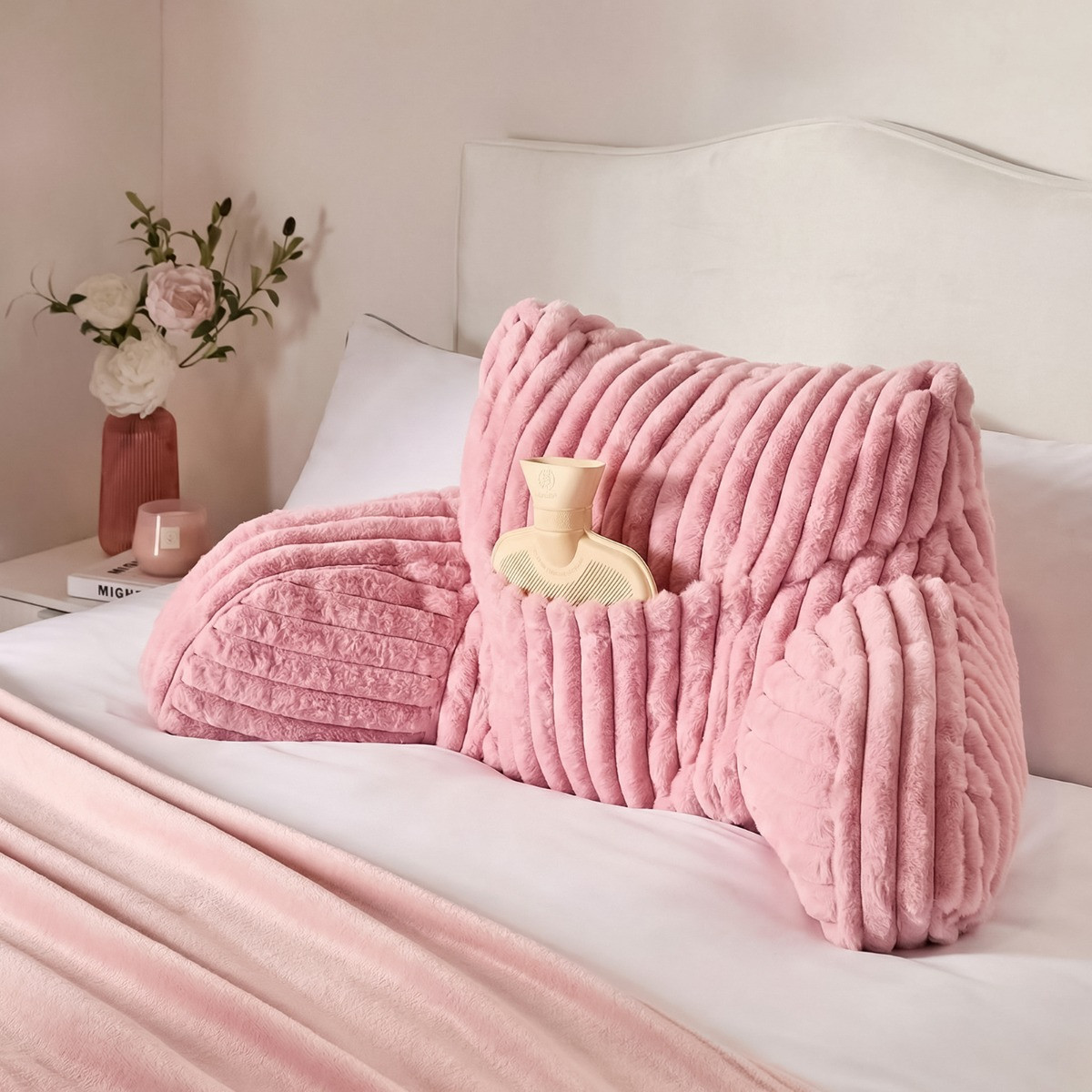 OHS Ribbed Faux Fur Cuddle Cushion with Heatable Pocket - Blush>