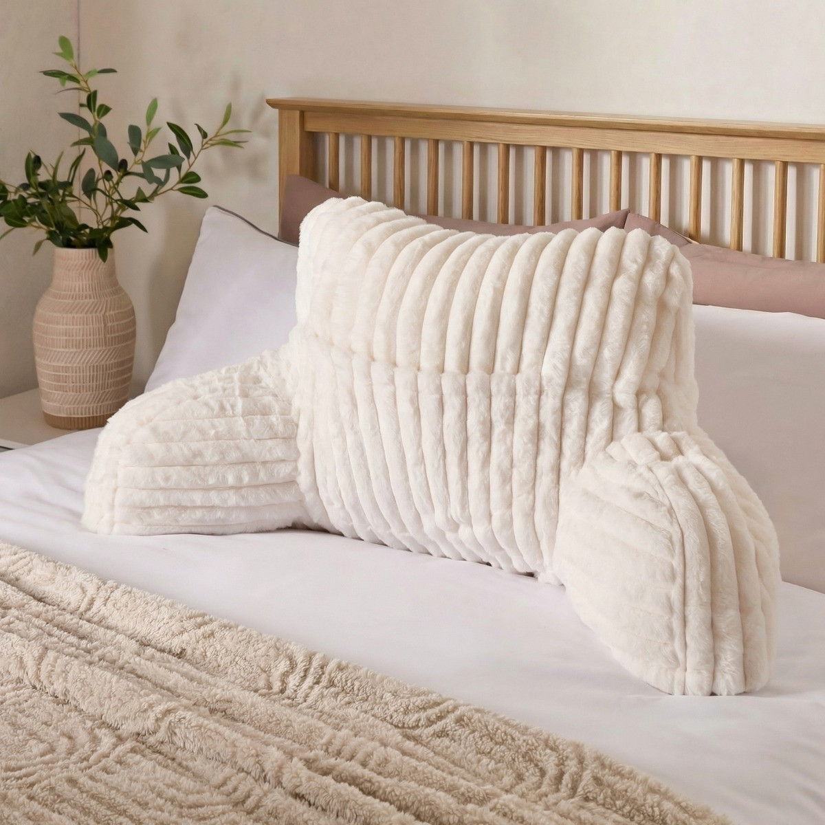 OHS Ribbed Faux Fur Cuddle Cushion with Heatable Pocket - Cream>