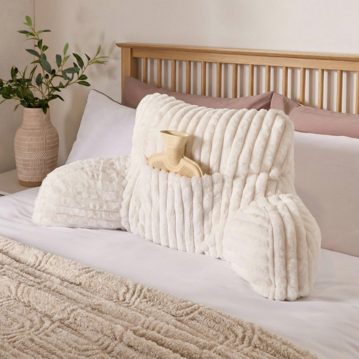 OHS Ribbed Faux Fur Cuddle Cushion with Heatable Pocket - Cream>