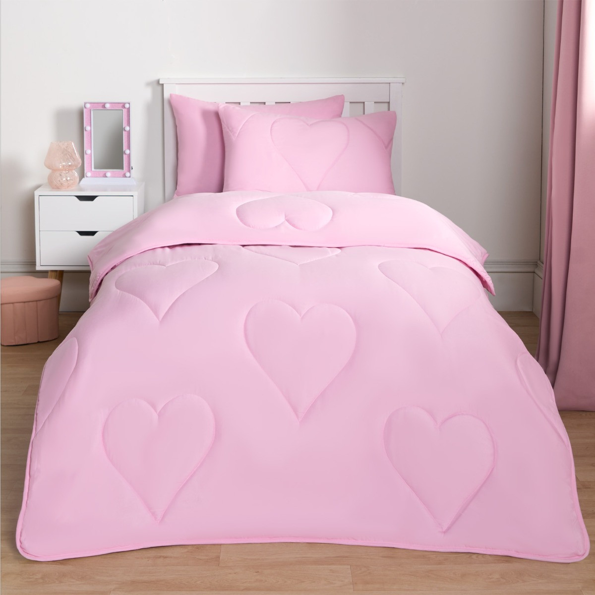 OHS Coverless Heart Quilted 7.5 Tog Duvet Set, Pink - Single>