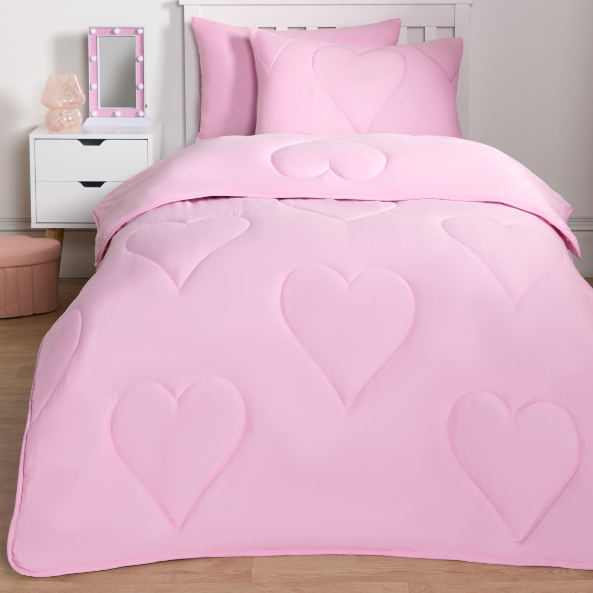 OHS Coverless Heart Quilted 7.5 Tog Duvet Set, Pink - Single>