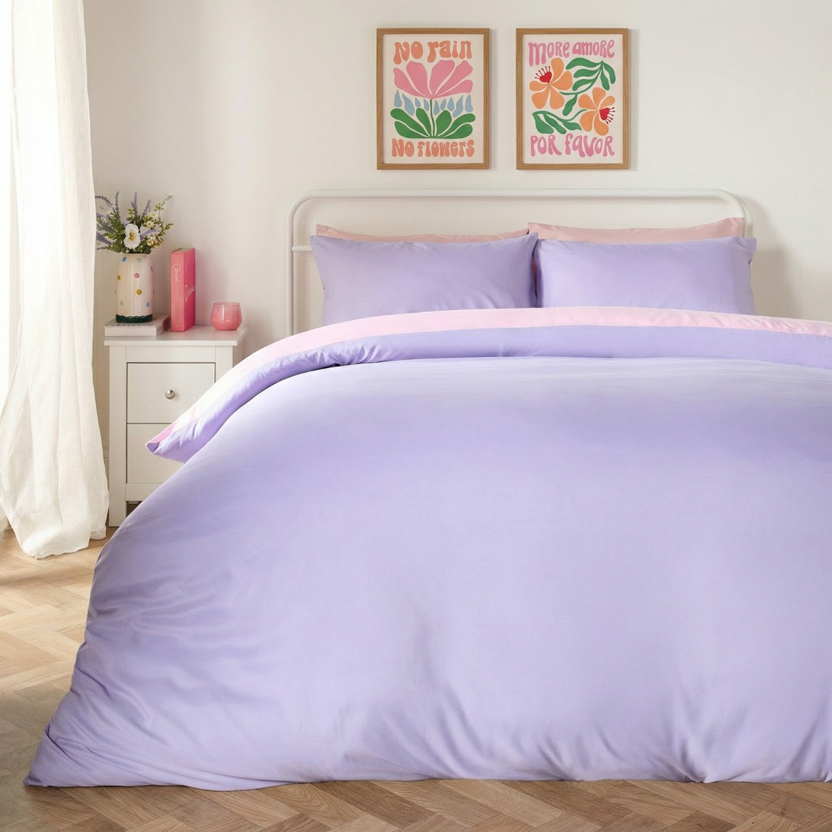 OHS Microfibre Reversible Duvet Set, Lilac/Pink - Single >