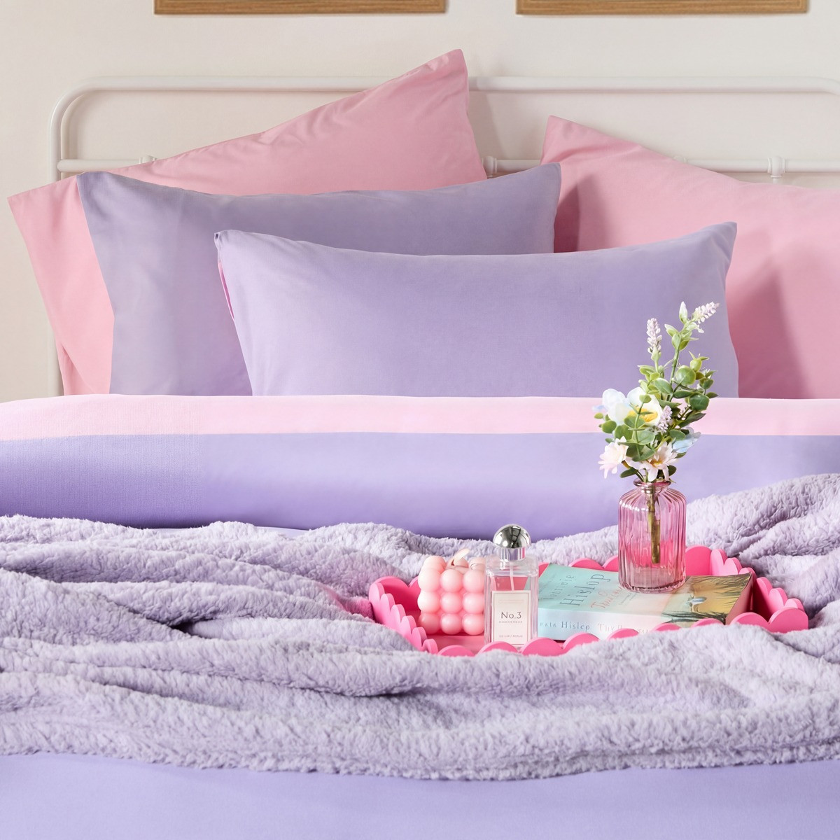 OHS Microfibre Reversible Duvet Set, Lilac/Pink - Single >