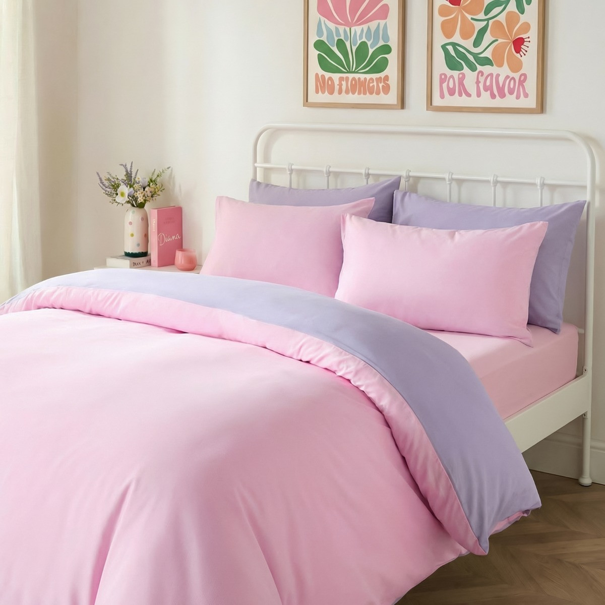 OHS Microfibre Reversible Duvet Set, Lilac/Pink - Double>