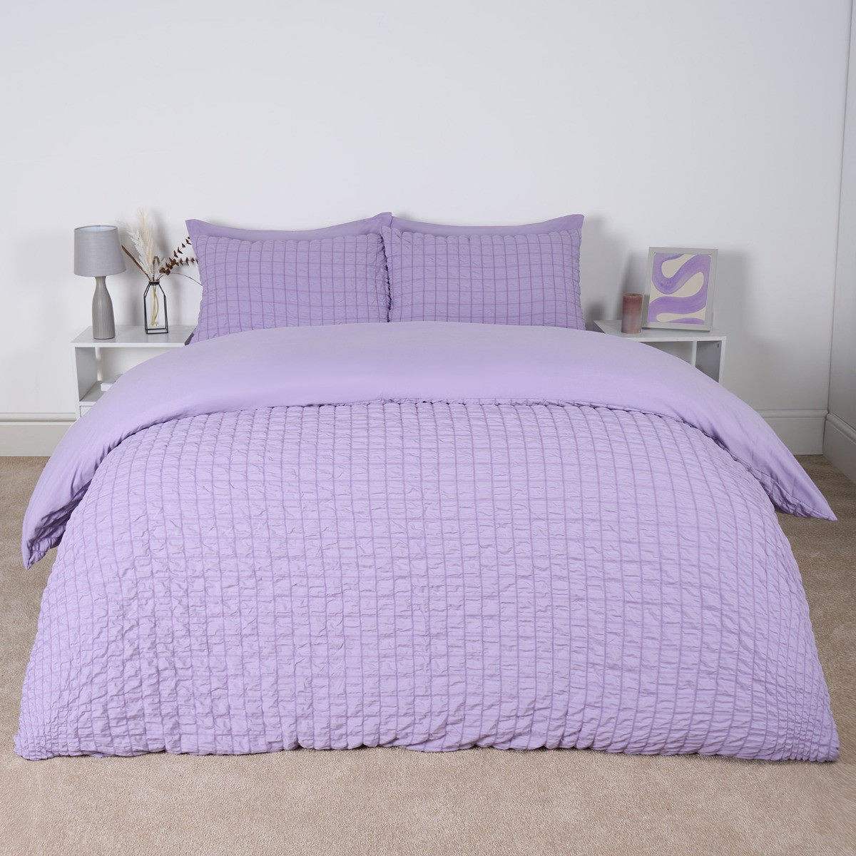 OHS Geometric Seersucker Duvet Set, Lilac - Double>