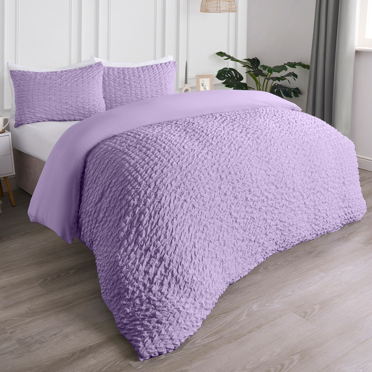 OHS Geometric Seersucker Duvet Set, Lilac - Double>