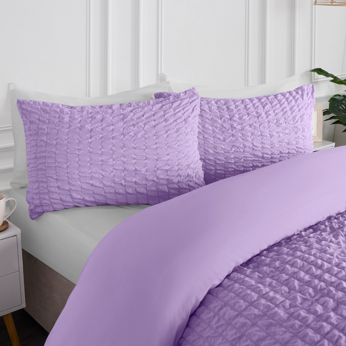 OHS Geometric Seersucker Duvet Set, Lilac - Double>