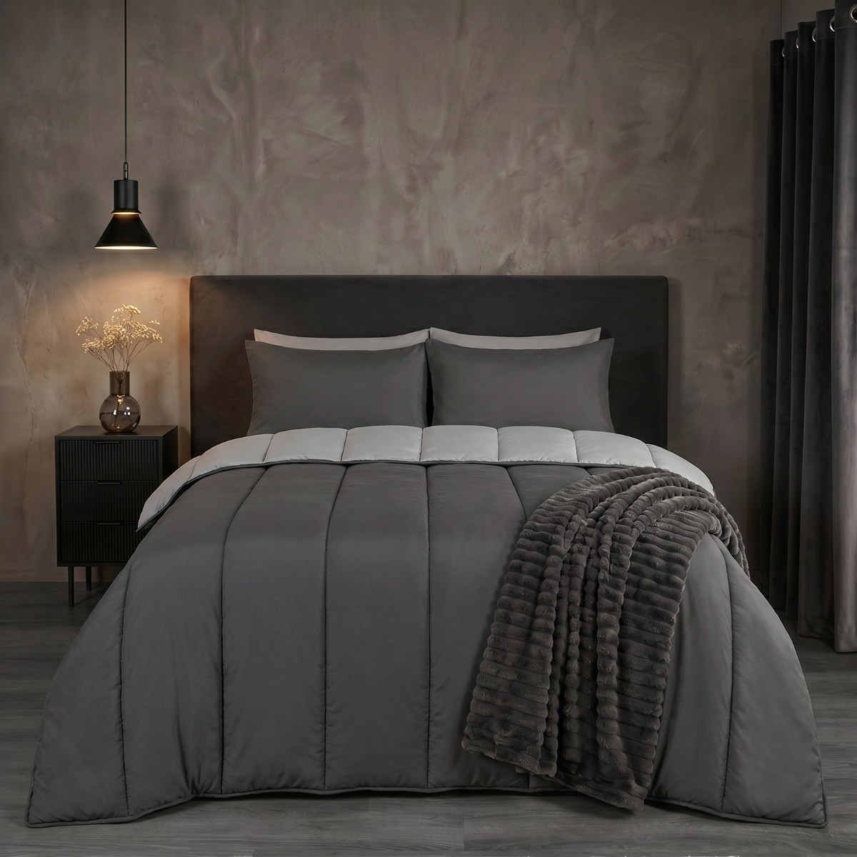 OHS Coverless 10.5 Tog Reversible Duvet & Pillowcase, Silver/Grey - Single>