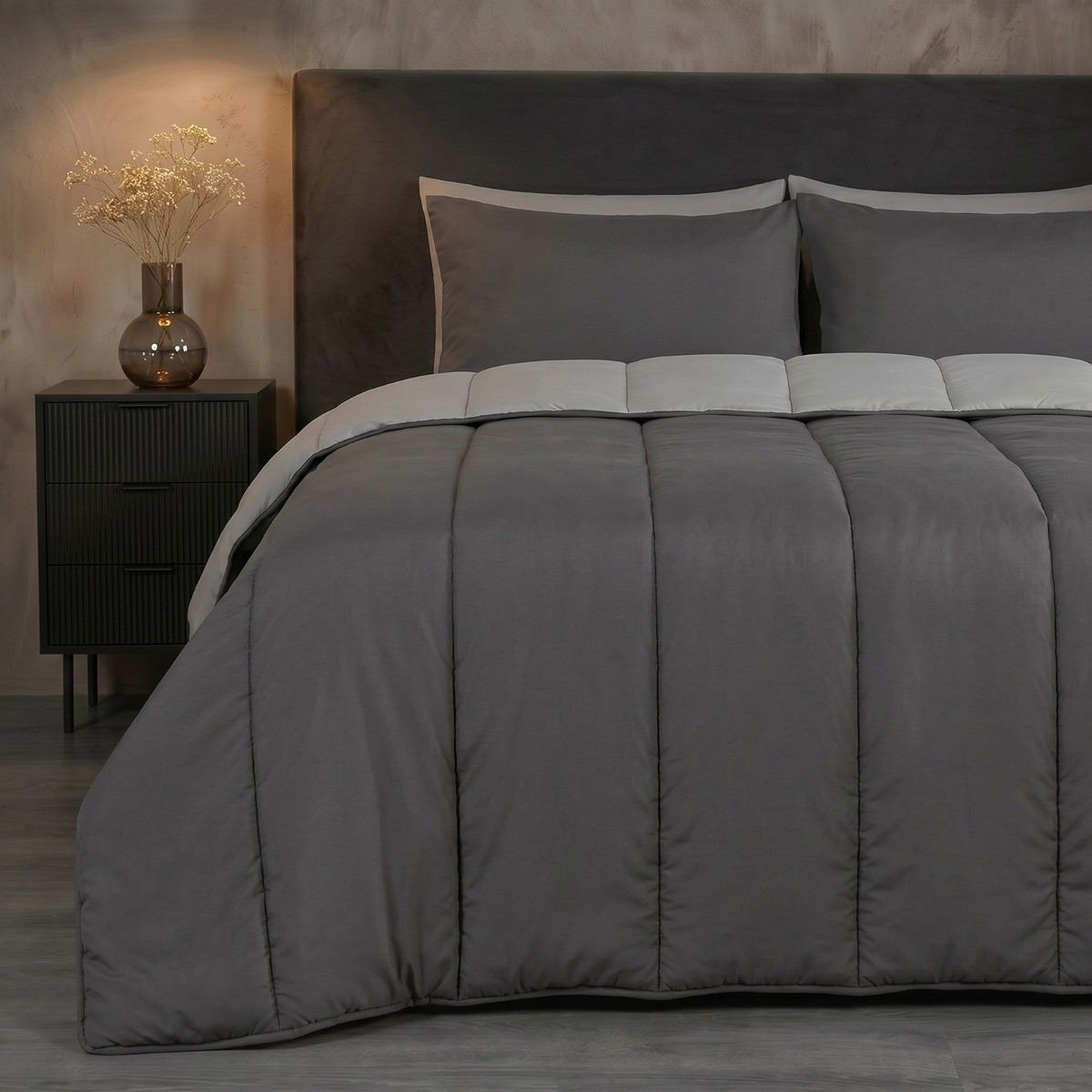 OHS Coverless 10.5 Tog Reversible Duvet & Pillowcase, Silver/Grey - Single>