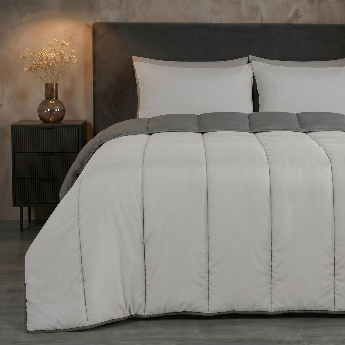 OHS Coverless 10.5 Tog Reversible Duvet & Pillowcase, Silver/Grey - Single>
